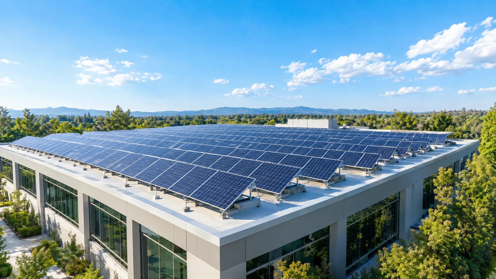 Rooftop photovoltaic panels and modern architecture in sunlight
